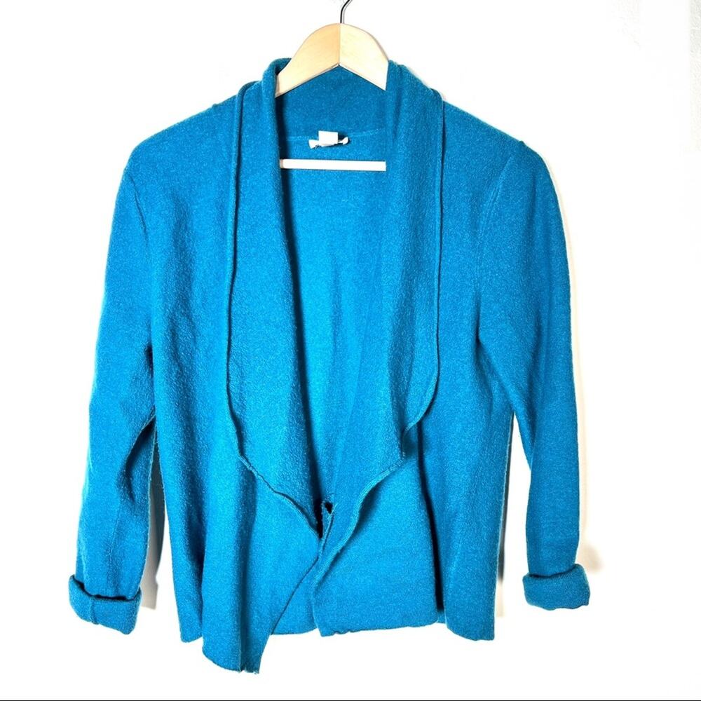 Chico’s 1 teal Blue 100% wool casual cardigan sweater size medium 8 M B134